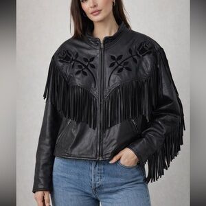 Vintage 80s 90s Black Leather Fringe Jacket USA Made boxy fit